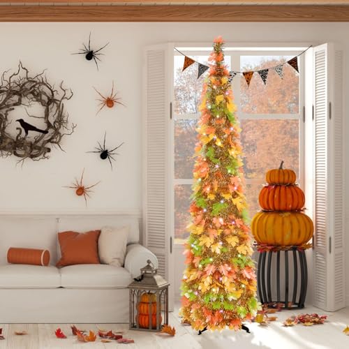 Fall Tree with Lights, 5ft Pop up Fall Trees for Porch Home Outdoors Holiday Thanksgiving Xmas Decorations