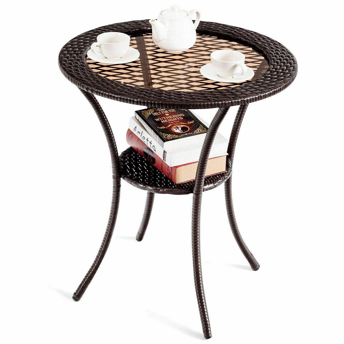 Round Rattan Wicker Coffee Table Glass Top Steel Frame Patio Furni W/Lower Shelf