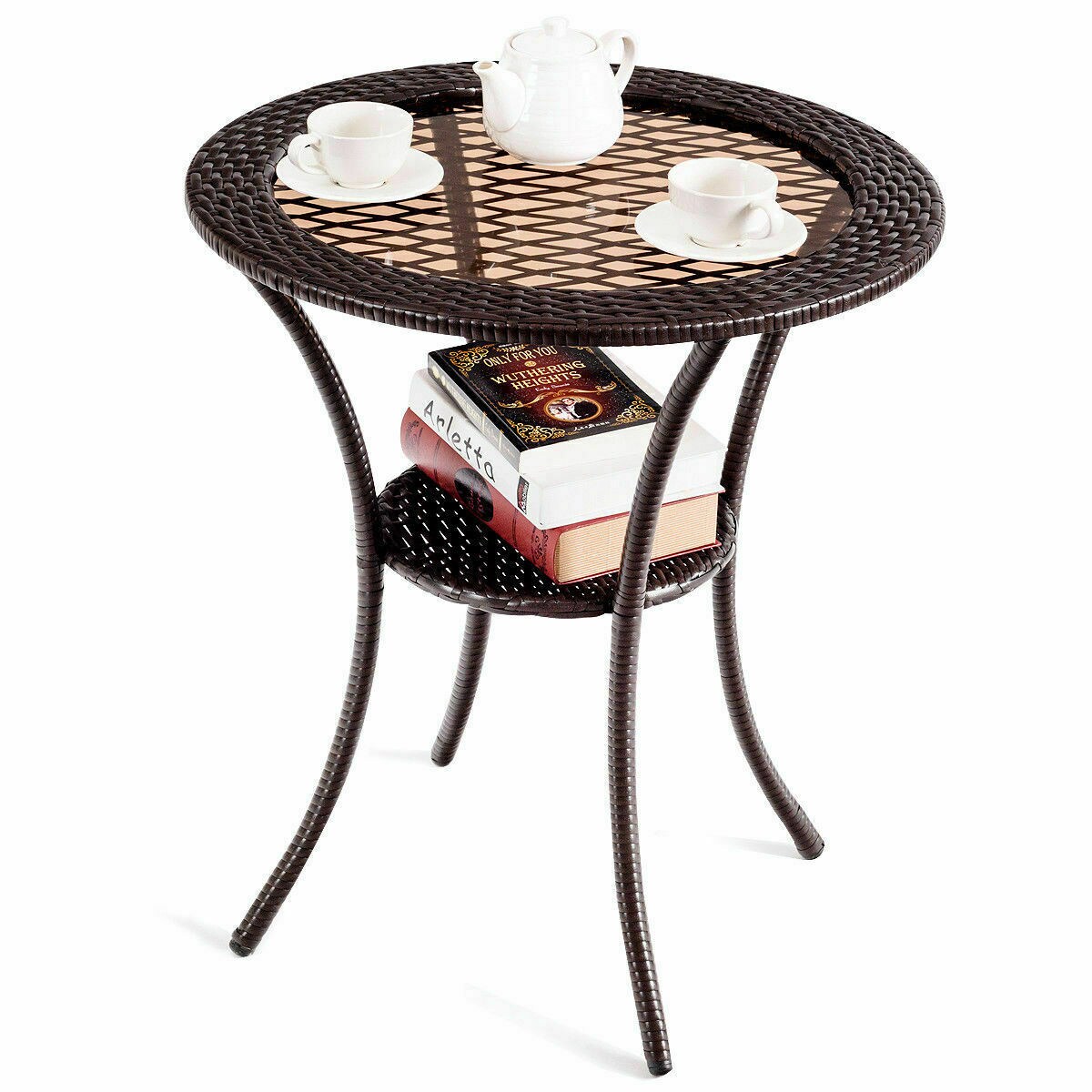 Gymax Round Rattan Wicker Coffee Table Glass Top Steel Frame Patio Furni W/Lower Shelf