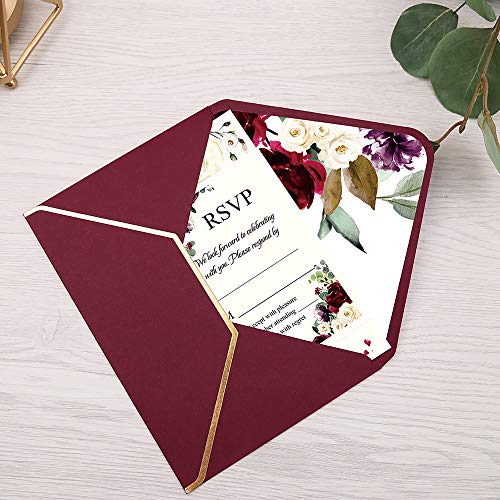 25 Pack Burgundy Fill-in Invitations Cards with Burgundy Rose and Envelope with Gold Border for Wedding,Engagement Invite
