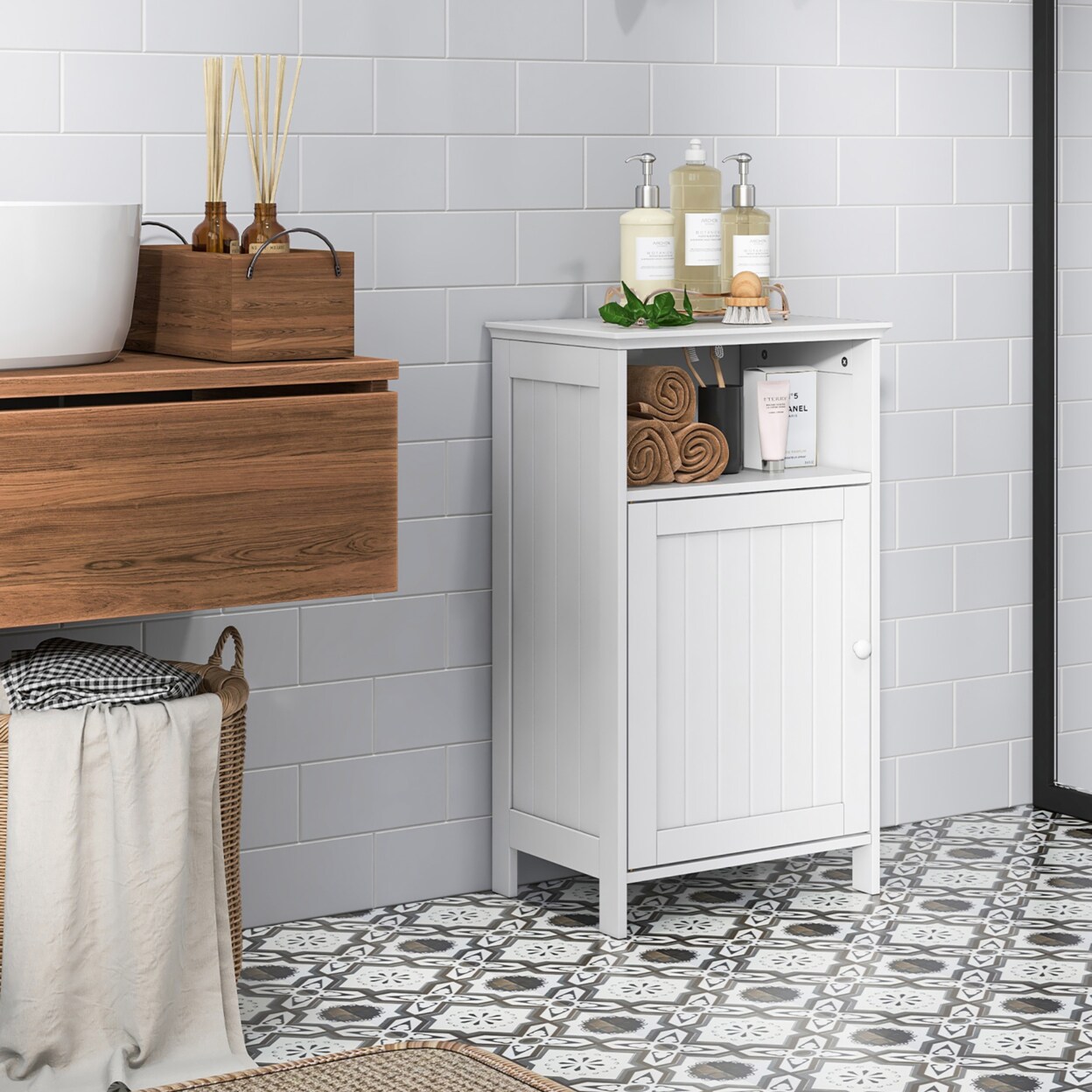Gymax Bathroom Floor Storage Cabinet Side Table Adjustable Shelf Organize Freestanding