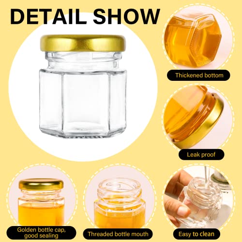 48 Pcs Mini Honey jars-1.5oz, Hexagon honey jars with dipper,gold cover,bee pendant,Gold Gift Bags,rope,Thank-You Tags,Glass Honey jars with lids,Baby Shower,Wedding Favors,Party Favors