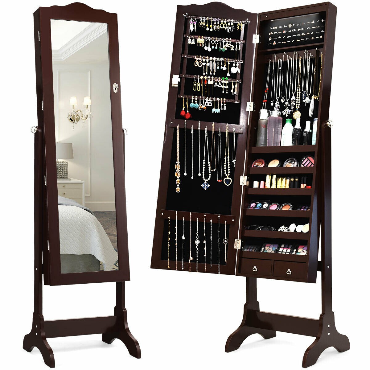 Gymax Mirrored Jewelry Cabinet Armoire Storage Organizer w/Drawer and Led Lights Brown