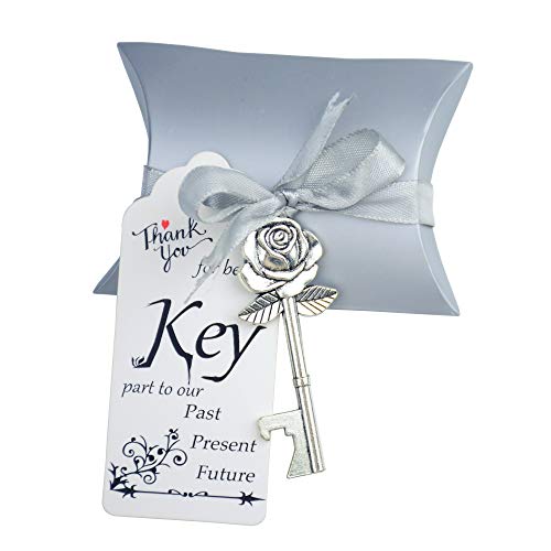 50 Set Skeleton Rose Key Bottle Openers with Candy Box In Antique Vintage Style Escort Tags French Ribbon As A Gift Souvenir At Wedding Party Supplies (Antique Silver)