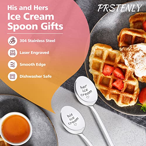 PRSTENLY Anniversary Wedding Gifts for Him Her, His and Hers Gifts Engraved Ice Cream Spoon, 2 Pcs Personalized Spoon Stainless Steel Birthday Engagement Couple Gifts