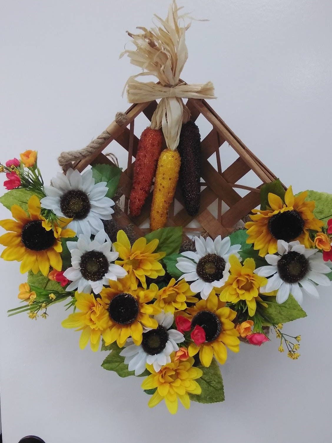 tobacco basket with flowers Autumn Tobacco Basket door decor with beautiful white and yellow sunflowers  and beaded harvest corn