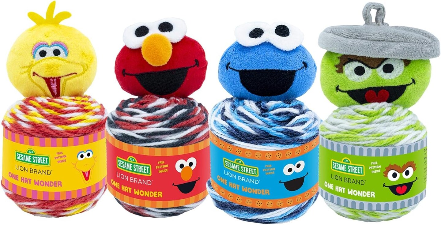 (4 Pack) Lion Brand Yarn Sesame Street- One Hat Wonder - Big Bird, Elmo, Cookie Monster, Oscar
