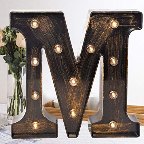 OYCBUZO Golden Black Led Marquee Letter - Industrial, Vintage Style Light Up Alphabet Letter Sign for Cafe Wedding Birthday Party Christmas Lamp Home Bar Initials Decor - M