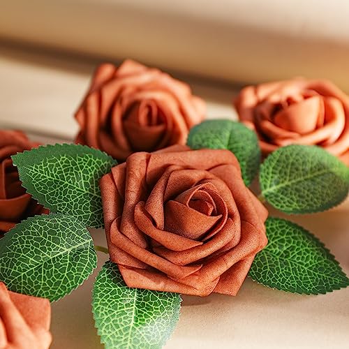 AmyHomie Artificial Flowers Burnt Orange Rose 25pcs Real Looking Fake Roses w/Stem for Fall Decor DIY Wedding Bouquets Centerpieces Arrangements Party Baby Shower Home Decorations