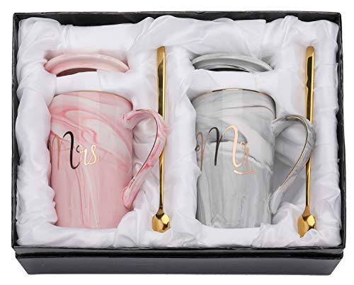 13.5 Oz Mr and Mrs Coffee Mugs, Wedding Gifts for Couple/Bride and Groom, Ceramic Marble Cups for Bridal Shower Engagement Wedding, Married Couples Anniversary