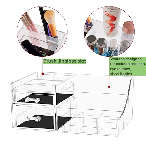 Clear Makeup Organizer with Drawers, Bathroom Countertop Organizer and Storage, Ideal for Dorm Room Desk Dresser Vanity, Great for Cosmetics, Toiletries, Skincare, Brush, Nail Supplies