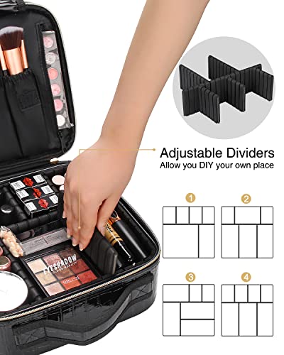 Travel Makeup Case, Train Case Makeup Brush Organizer, Professional Makeup Artist Makeup Organizer, with Adjustable Partition and Shoulder Straps, Train Case Makeup Bag (Crocodile, Small)