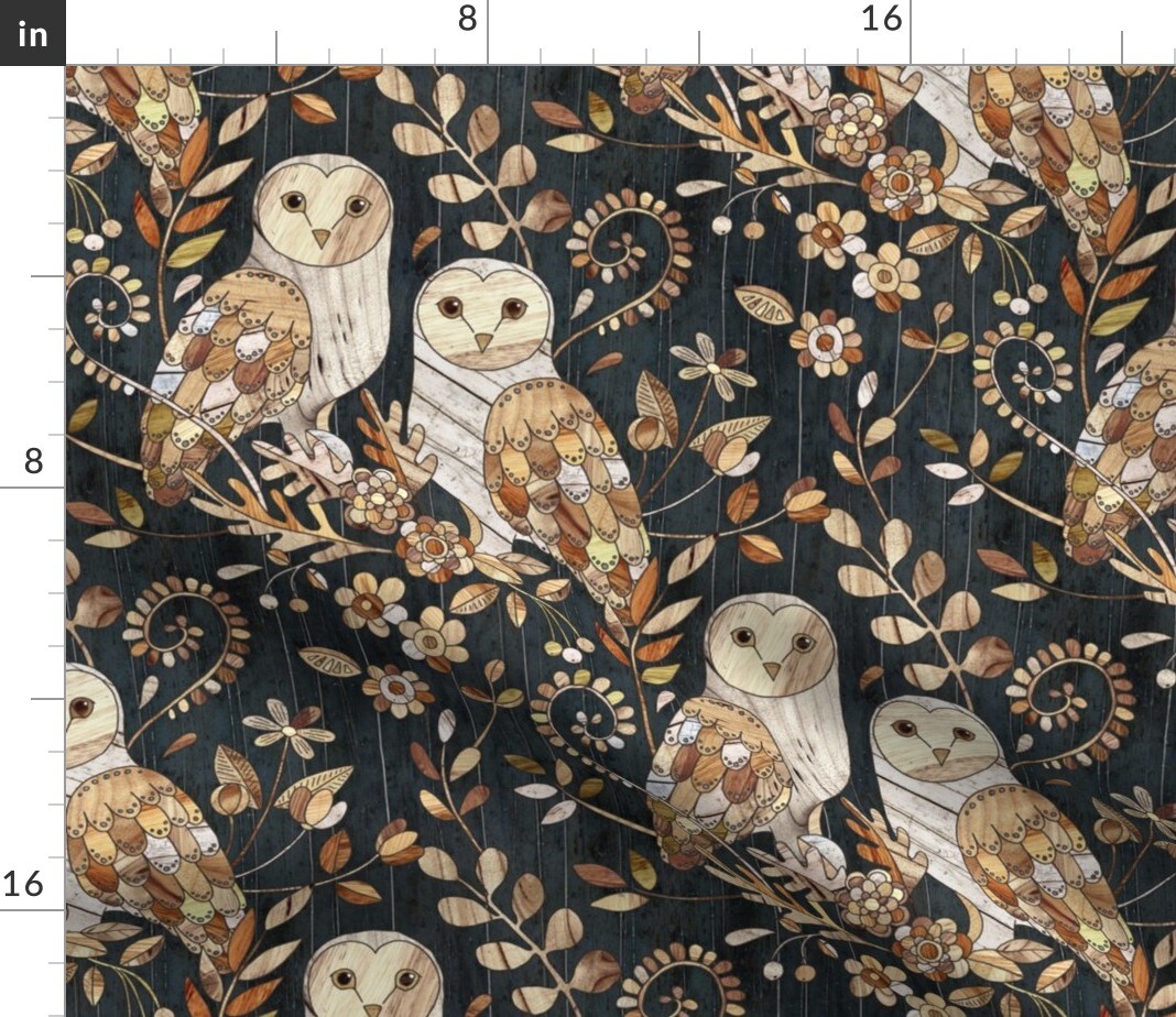 Barn Owl Collage Large Owls Wood Nature Night Modern Farmhouse Custom Printed Fabric by Spoonflower Various Fabrics by the Yard or Fat Quarter