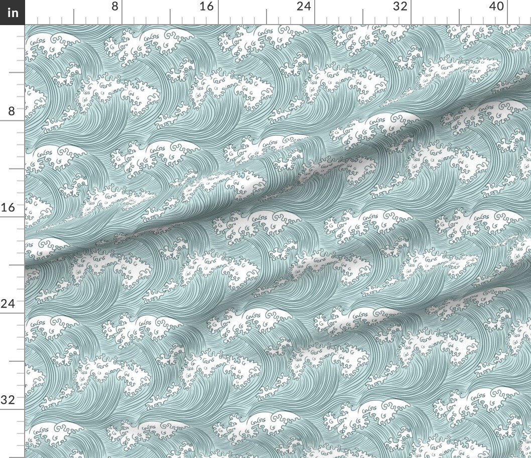 Petal Signature Cotton by the Yard or Fat Quarter Rolling Waves Vintage Asian Chinese Japan Japanese Water Line Summer Doodle Sea Ocean Wave Custom Printed Fabric by Spoonflower