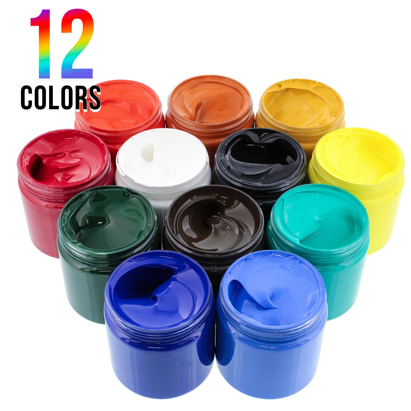 12 Color Acrylic Paint Jar Set 250ml Bottles (8.45 fl oz) - Professional Artist Bright Opaque Colors