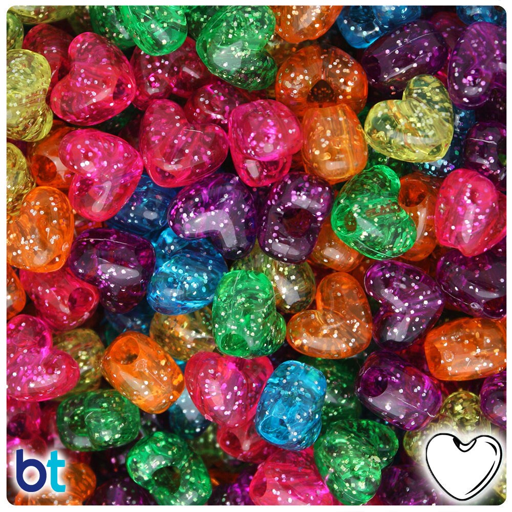 BeadTin Jelly Sparkle Mix 12mm Heart (VH) Plastic Pony Beads (250pcs)