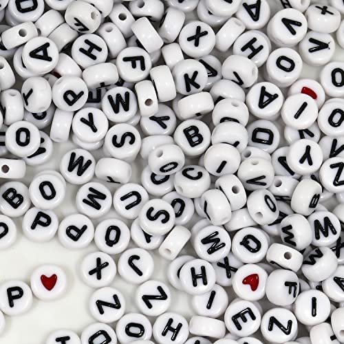 1450 Pieces Letter Beads, Acrylic 4x7mm Round Letter Beads Kits, Alphabet Beads A-Z and Red Heart Black Star Beads for Bracelets Necklaces DIY Jewelry Making (White)