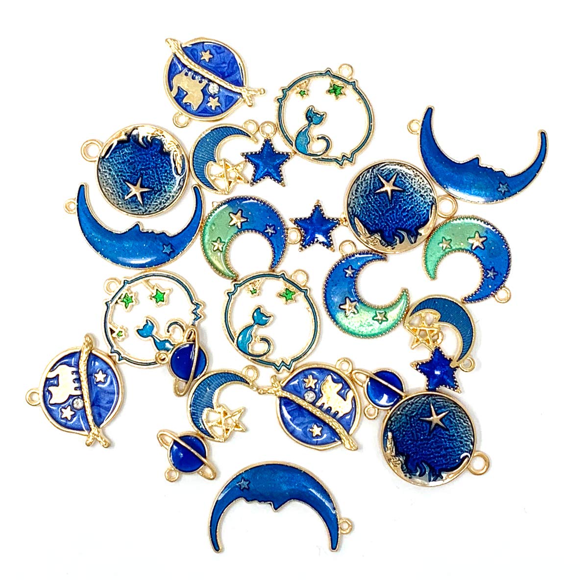 24pcs Assorted Gold Plated Enamel Cat Moon Star Celestial Charm Pendant DIY for Earrings Necklace Bracelet Jewelry Making and Crafting