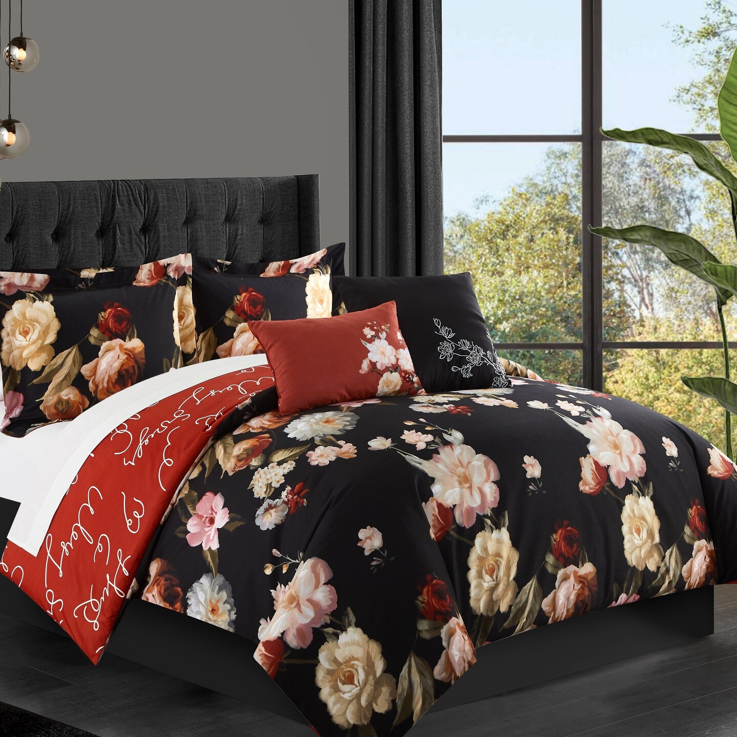 Chic Home Emeraude 3 Piece Reversible Quilt Set Floral Print Cursive Script Design Bedding