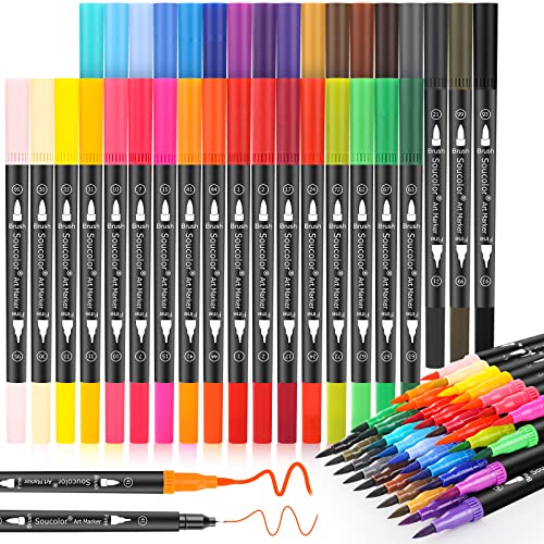 Art Brush Markers Pens for Adult Coloring Books 34 Colors Numbered Dual Tip (Brush and Fine Point) Markers for Kids Note-Taking Planner Hand Lettering Calligraphy Drawing Journaling