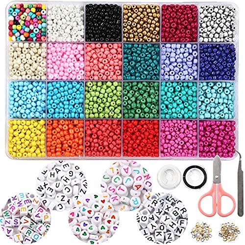 OUTUXED 7200pcs 4mm Glass Seed Beads for Bracelets Making Kit 300pcs  Alphabet Letter Beads for Jewelry Making and Crafts with Elastic String  Cords, Tweezers and Accessories DIY Material
