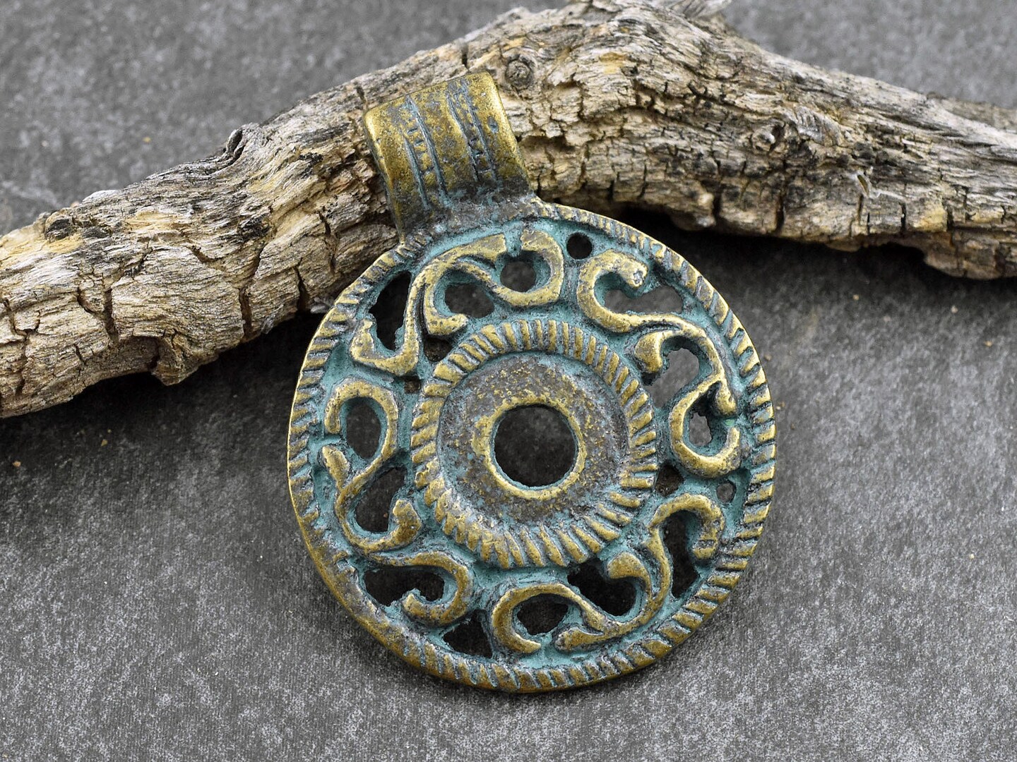 42x52 Green Patina Brass Medallion Pendant