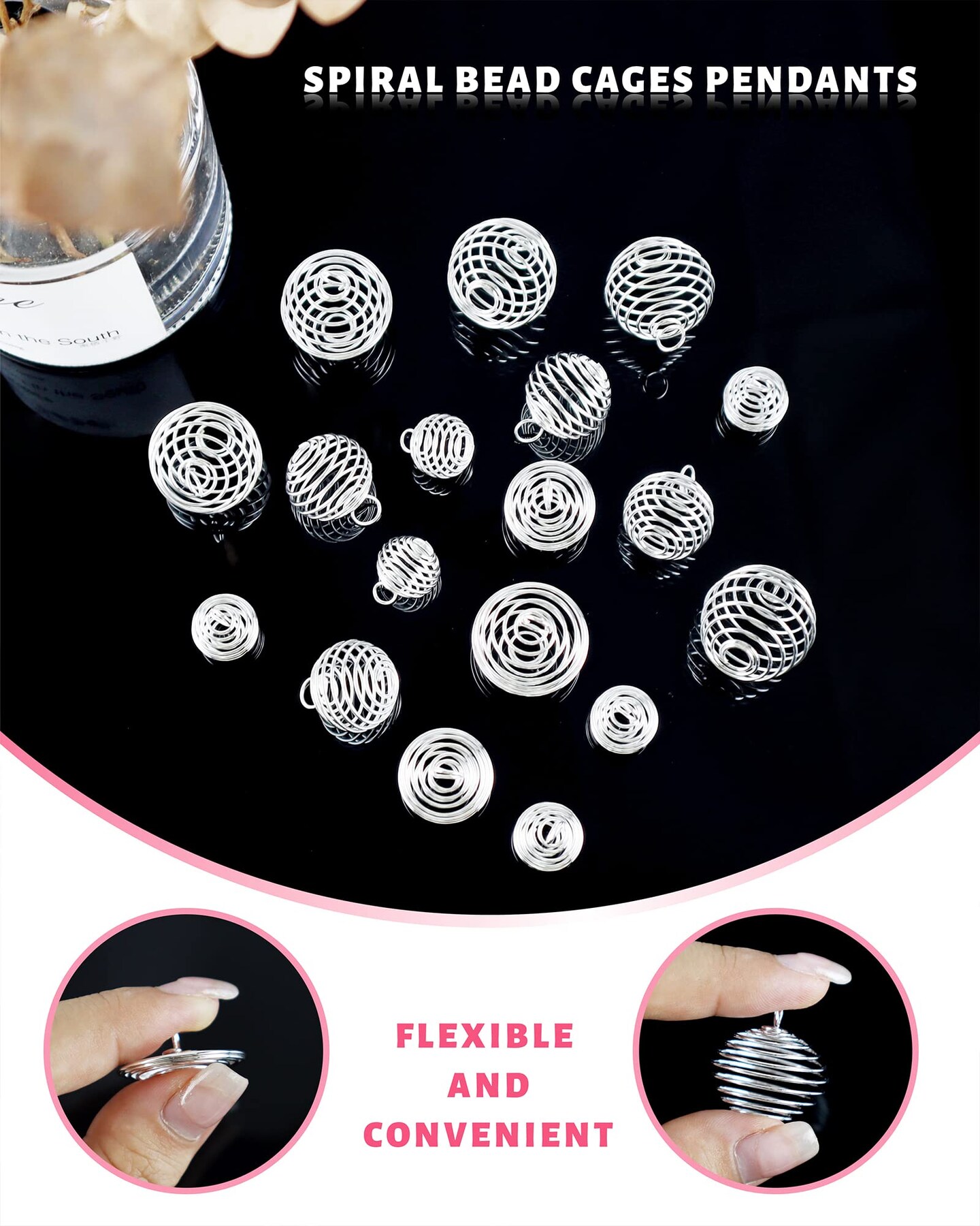 PandaHall Mixed Shape Crystal Holder Necklace Cage, 64pcs 8 Styles Sprial  Bead Cage Iron Zinc Alloy 9.5~37mm/0.3~1.4 Ring Ball Teardrop Tumbled Rock