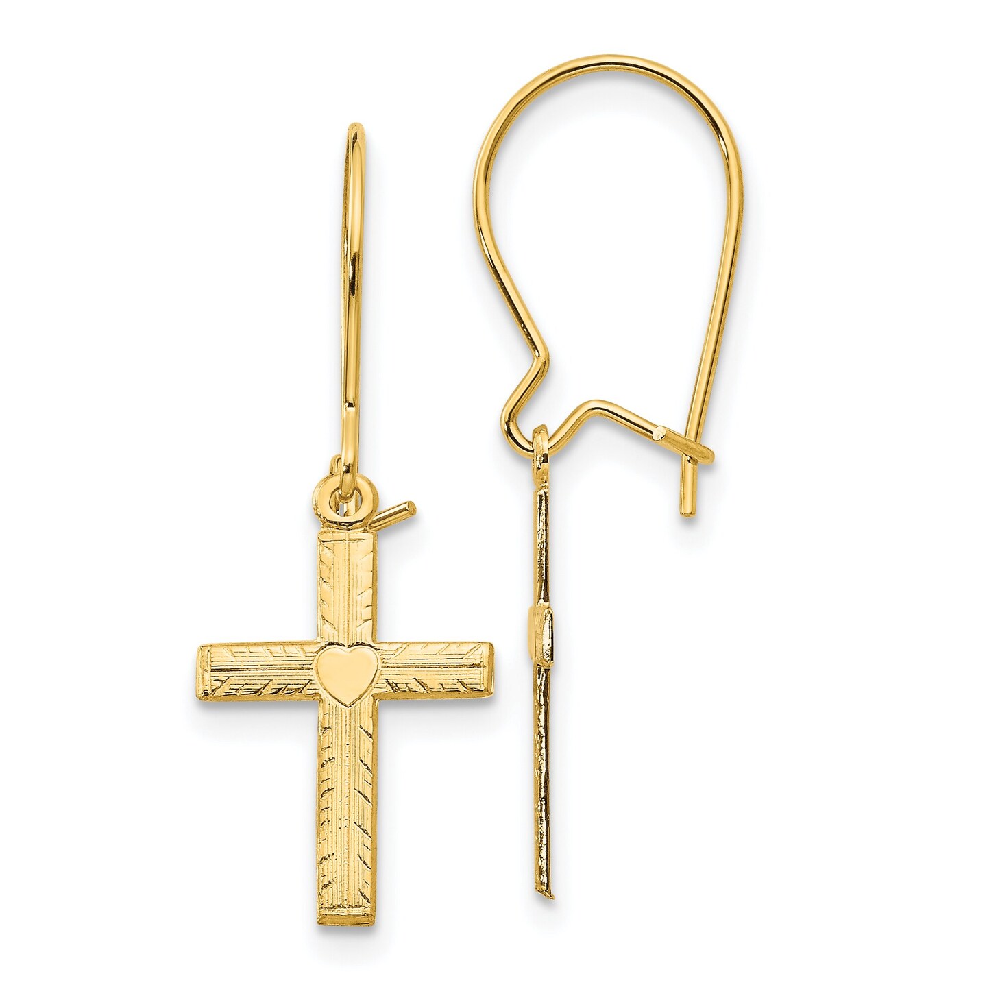 14K Yellow Gold Kidney Wire Heart Cross Earrings Jewerly 28mm x 10mm