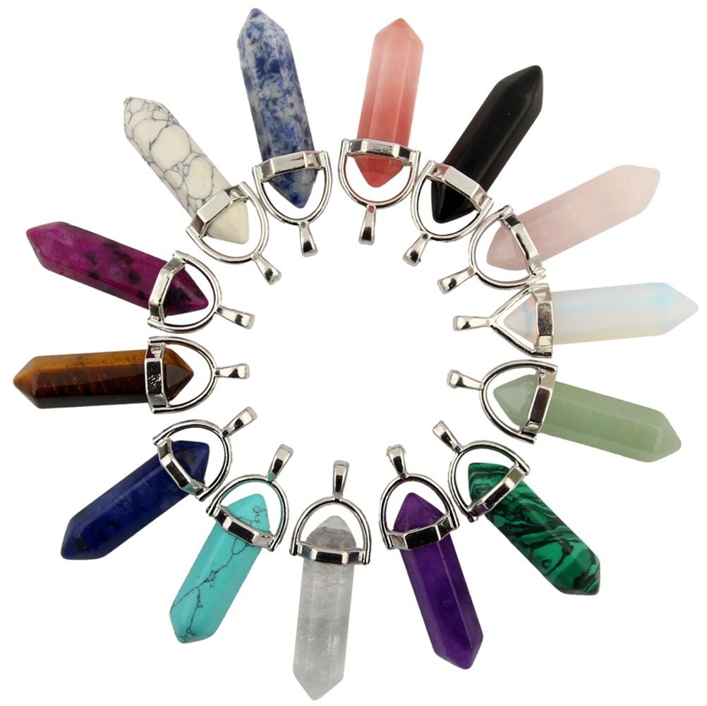 Mutilcolor 50pcs Gemstone Bullet Meditation Healing Pointed Chakra Crystal Stone Random Color Pendants for Necklace Jewelry Making