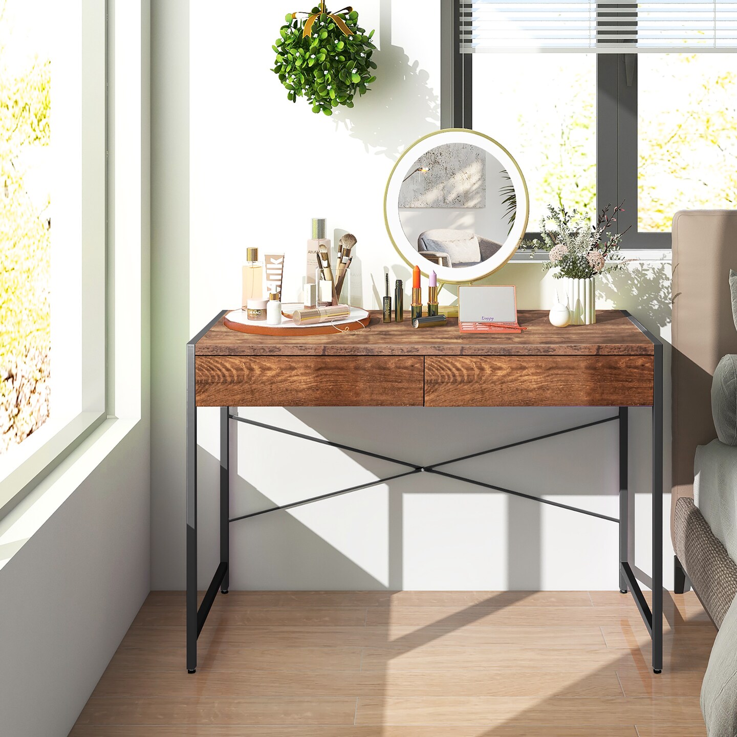 Costway Computer Desk Metal Frame Study Table Home Office Workstation w/2 Drawers