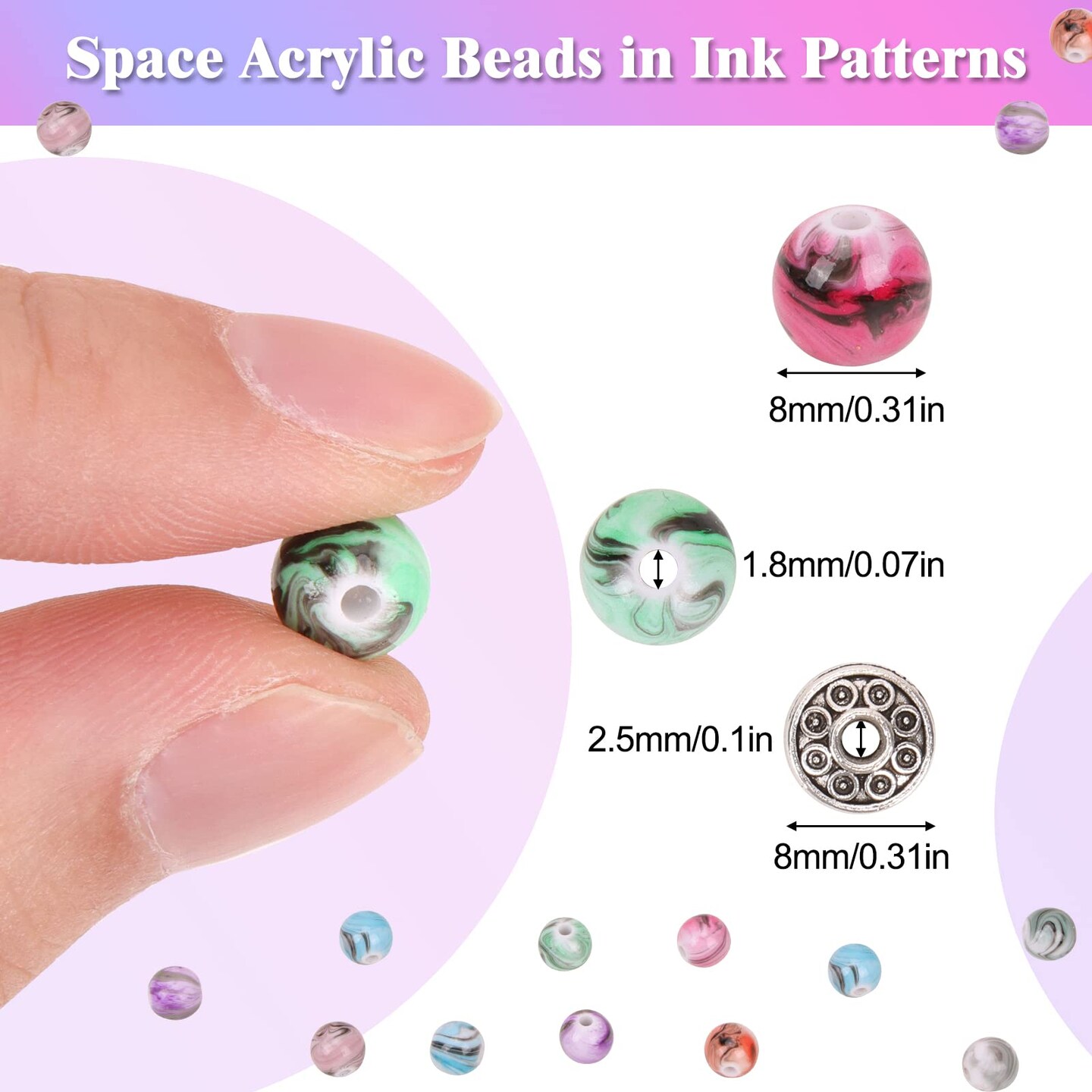 500 Pieces Craft Beads for Jewelry Making, for Bracelets Making,Space Acrylic Beads in Ink Patterns with 50pcs Spacer Beads and Crystal String (8mm)