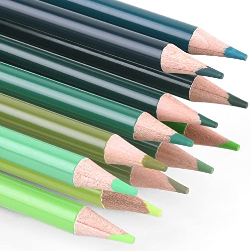 12 Green Colored Pencils Oil Based Pre-sharpened Wooden Colored Pencil Set for Adults Coloring Books Drawing Sketching Art Supplies, No Duplicates