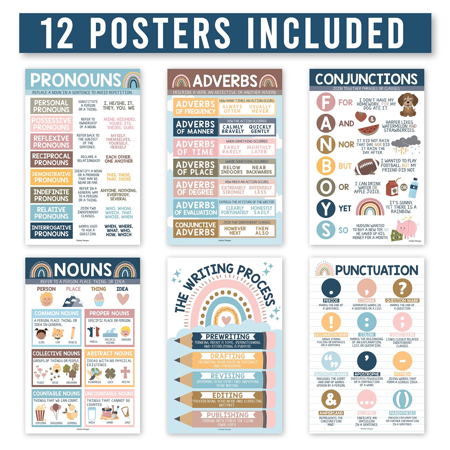12 Parts Of Speech Posters For Elementary Posters For Language Arts - Grammar Posters For Classroom Elementary Classroom Must Haves, Kids Educational Posters For Elementary School Posters