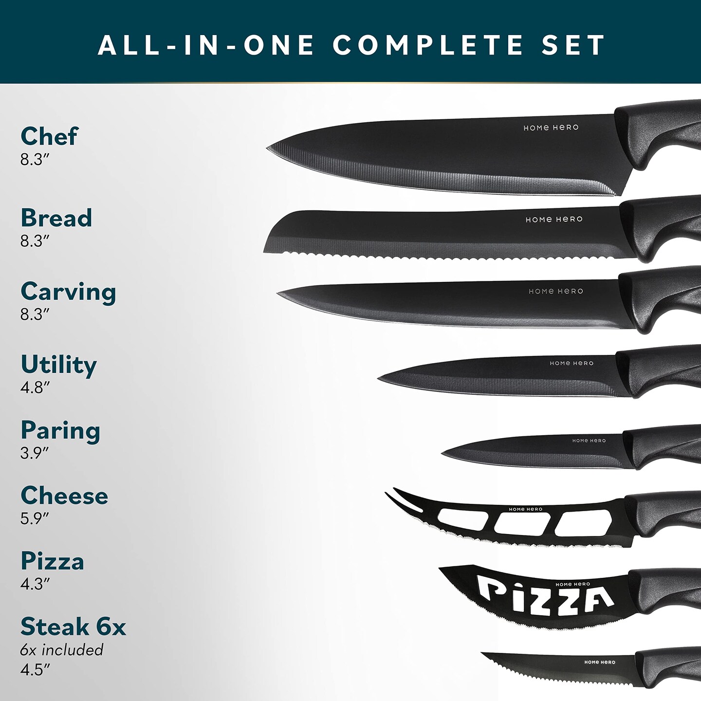 Home Hero Kitchen Knife Set, Steak Knife Set & Kitchen Utility Knives - Ultra-Sharp High Carbon Stainless Steel Knives with Ergonomic Handles (20 Pc Set, Black)