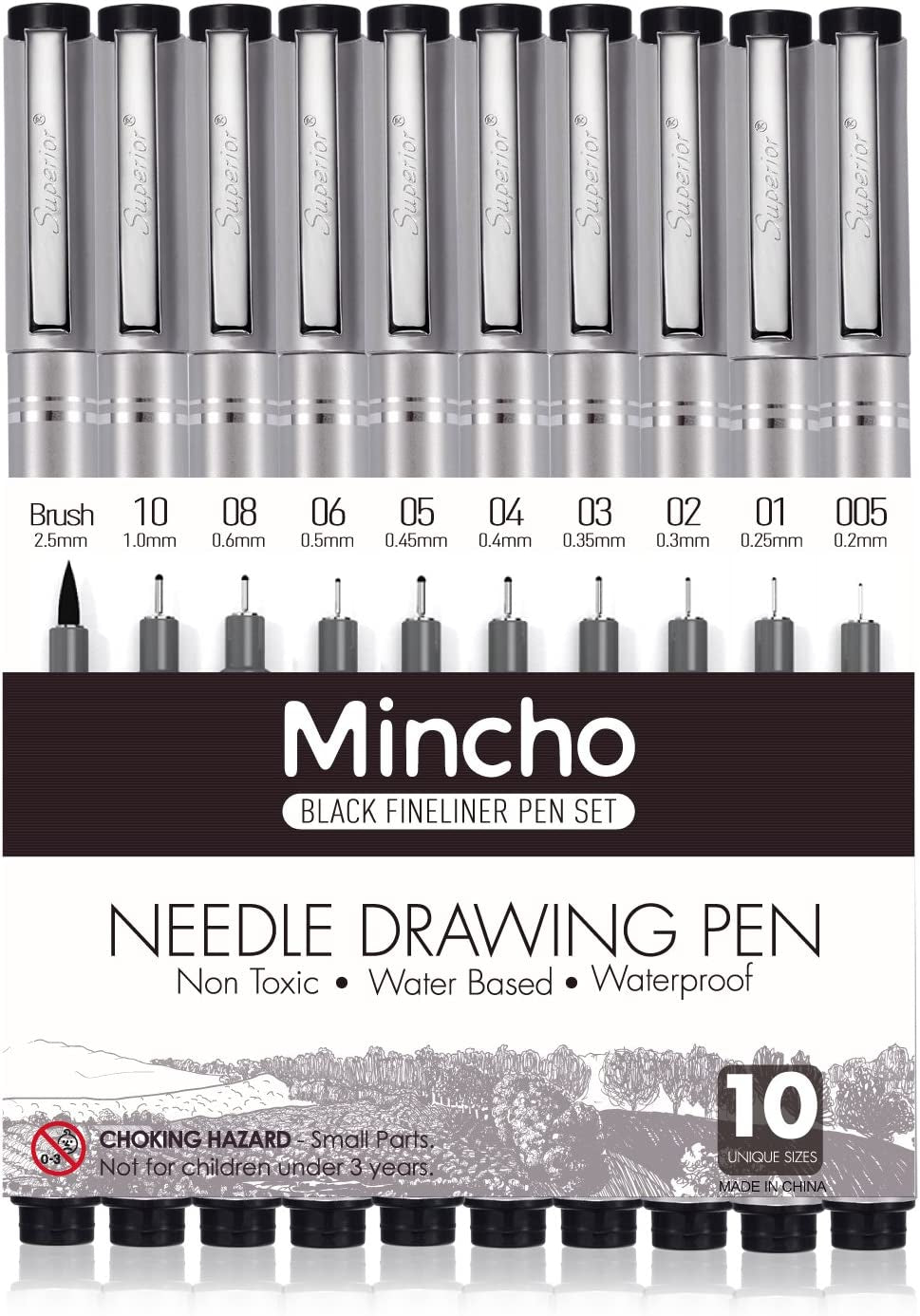 Set of 10 Black Micro-Pen Fineliner Ink Pens, Anti-Bleed