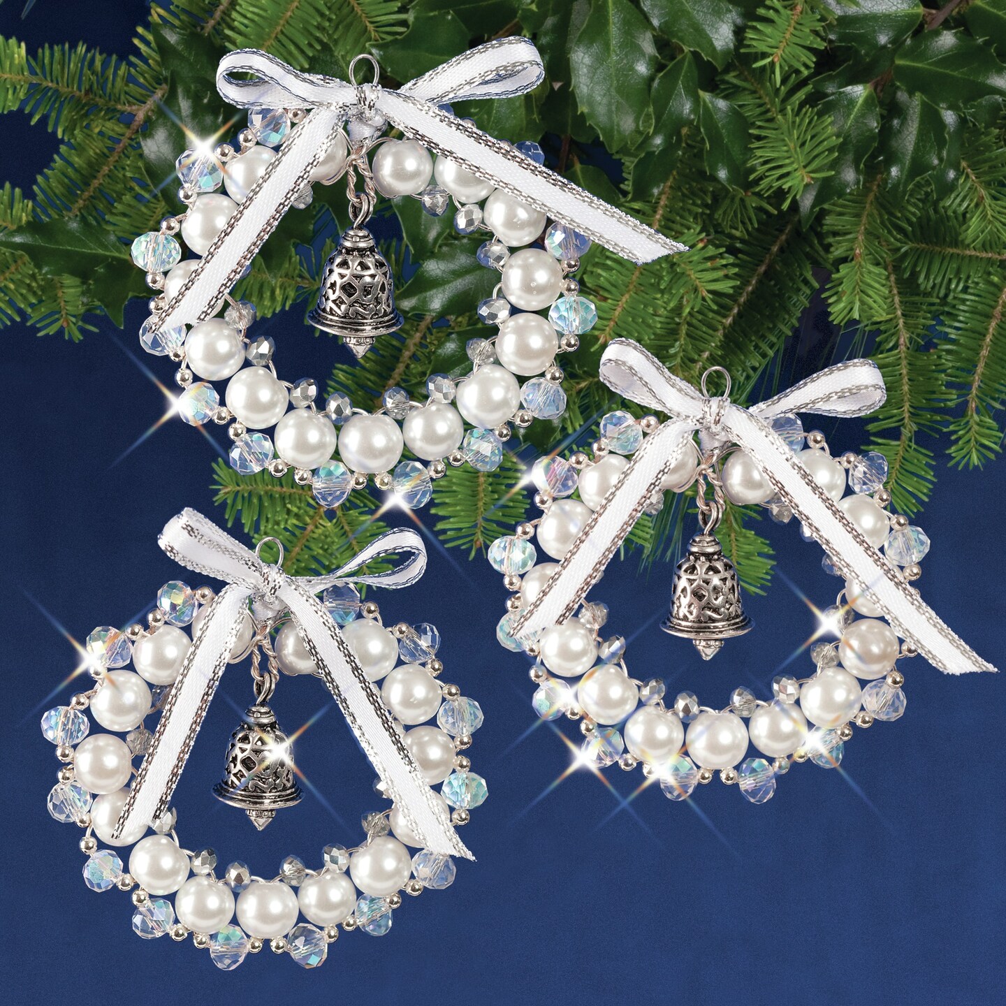 Solid Oak Nostalgic Christmas Beaded Crystal Ornament Kit-Crystal,white &#x26; Silver Bell Wreath Make3
