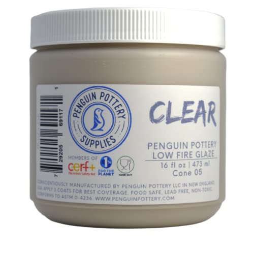 Penguin Pottery - Clear Glaze - Low Fire Glaze Cone 06-04 for Low Fire Clay - Ceramic Glaze Pottery (1 Pint | 16 oz | 473 ml)