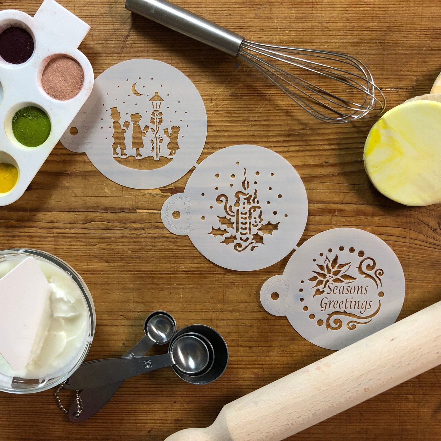 Seasons Greetings Round Cookie Stencil Set | C463 by Designer Stencils | Cookie Stencils for Royal Icing, Airbrush, Dusting Powder |