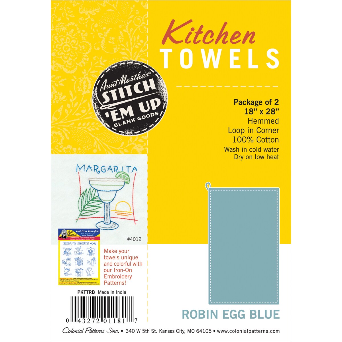 Aunt Martha's Stitch 'Em Up Kitchen Towels 18"X28" 2/Pkg-Robin Egg Blue
