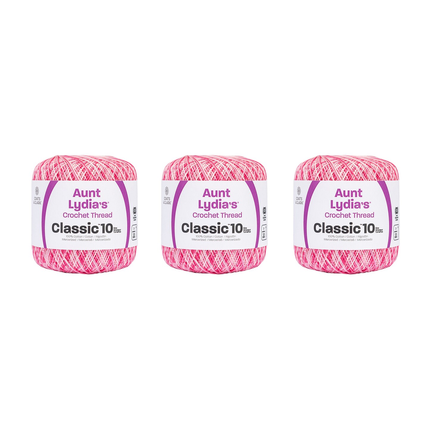 Aunt Lydia Classic Shaded Pinks Crochet - 3 Pack of 300y/274m - Cotton - Gauge 10 - Crochet