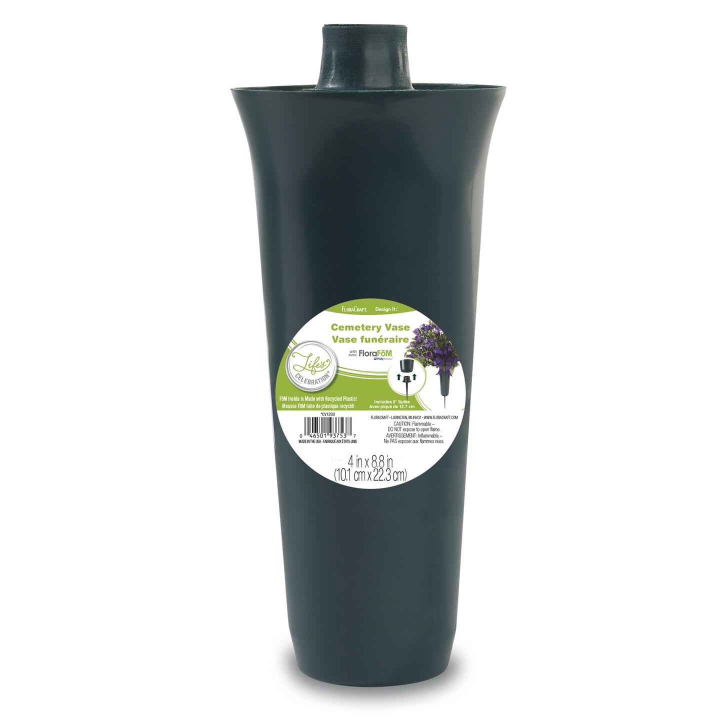 FloraCraft Cemetery Vase With FloraFoM W/Removable Spike-4&#x22;X8.8&#x22; Plastic