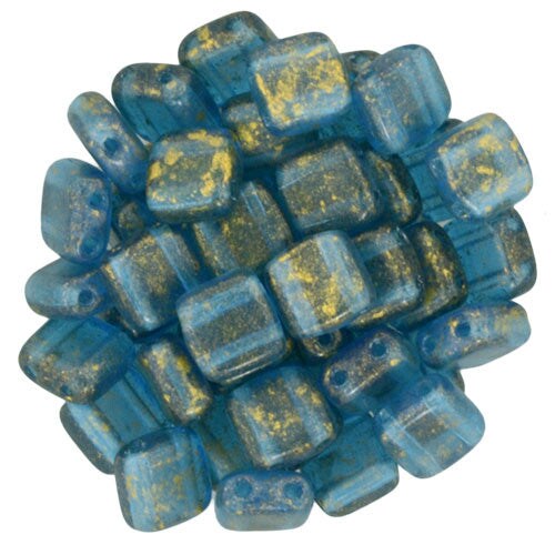 Czechmate 6mm Square Glass Czech Two Hole Tile Bead, Gold Marbled/Capri Blue