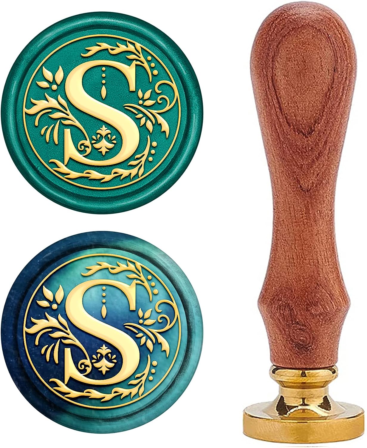 Letter S Wax Seal Stamp Initial Alphabet Vintage Sealing Stamp Olive Leaves Medieval Traditional Classic 25mm Removable Brass Head with Wooden Handle for Wedding Invitations Cards Envelopes