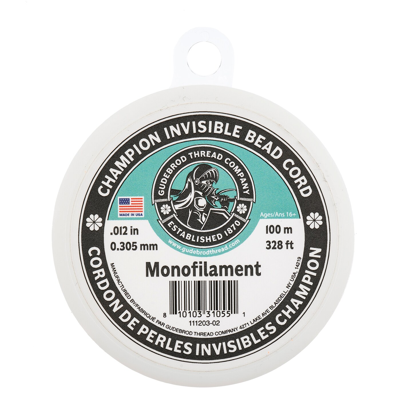 Gudebrod 0.012" Monofilament Champion Invisible Clear Cord | Made in USA