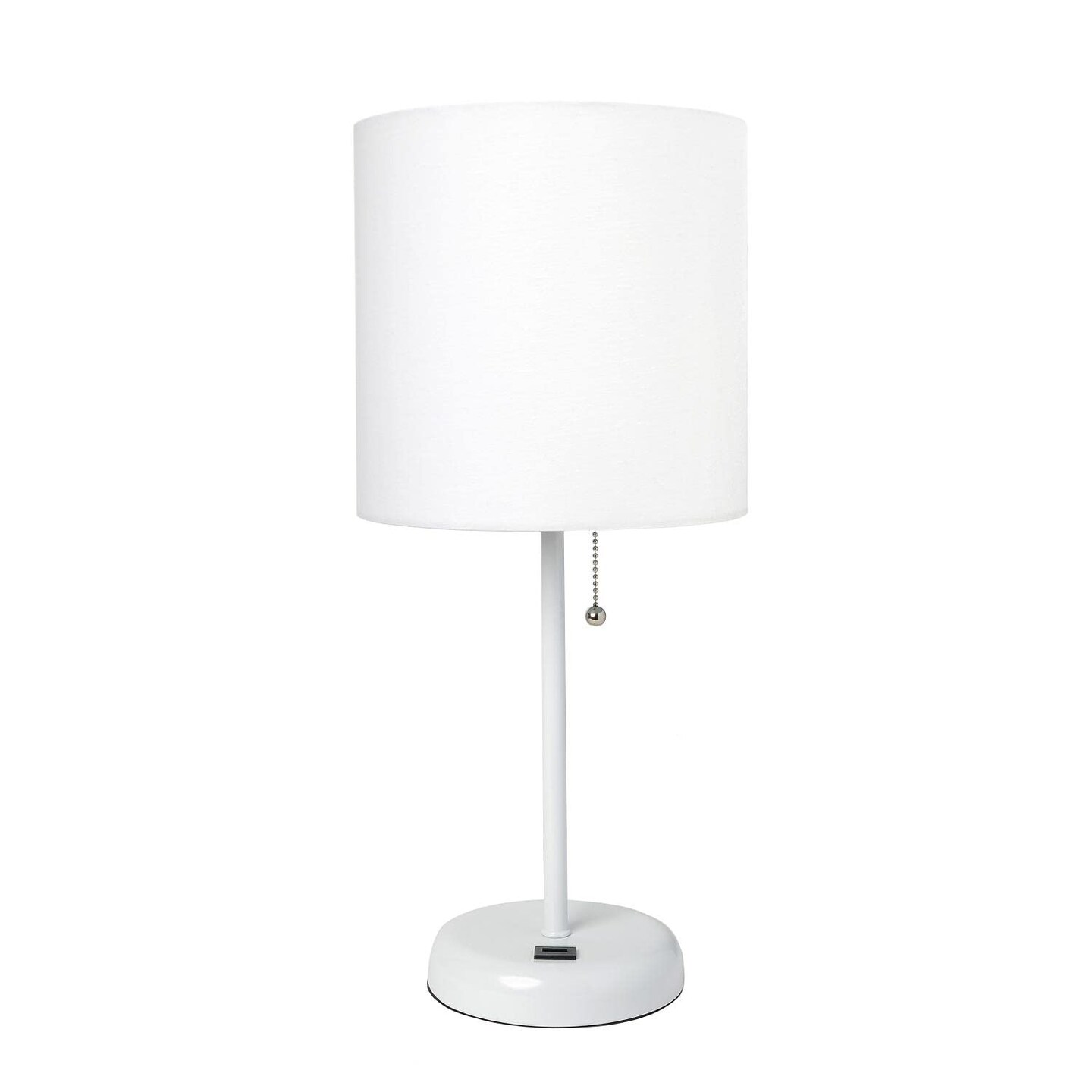 Creekwood Home Oslo 19.5&#x22; Contemporary Bedside USB Port Feature Standard Metal Table Desk Lamp in White with White Drum Fabric Shade for Home Dcor, Bedroom, End Table, Living Room, Dorm, Office