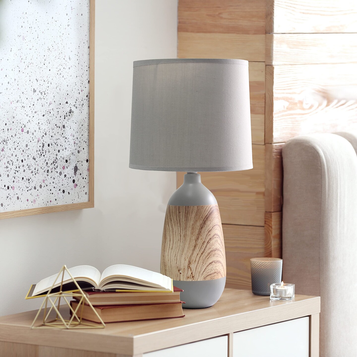 Simple Designs Ceramic Oblong Table Lamp, Light Wood and Gray