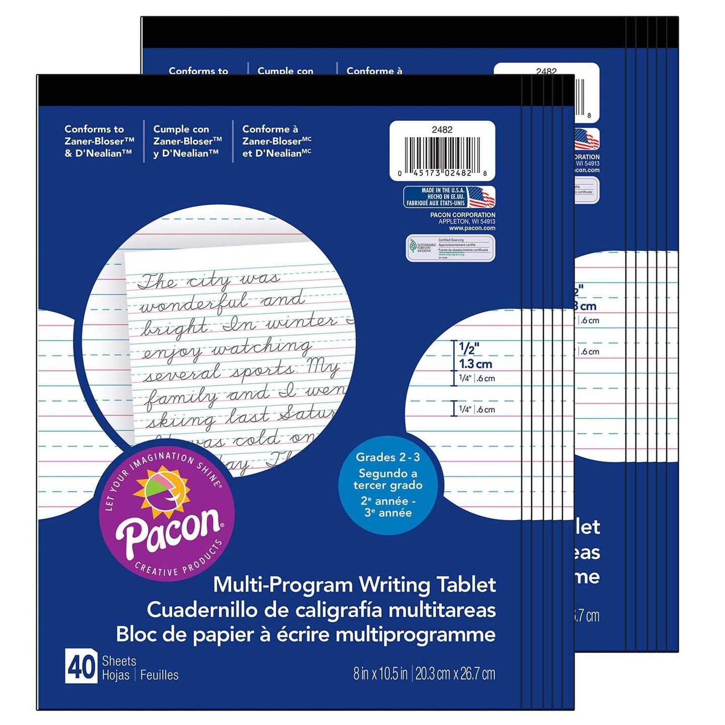 Multi-Program Handwriting Tablet, D&#x27;Nealian/Zaner-Bloser, 1/2&#x22; x 1/4&#x22; x 1/4&#x22; Ruled Short, 8&#x22; x 10-1/2&#x22;, 40 Sheets, Pack of 12