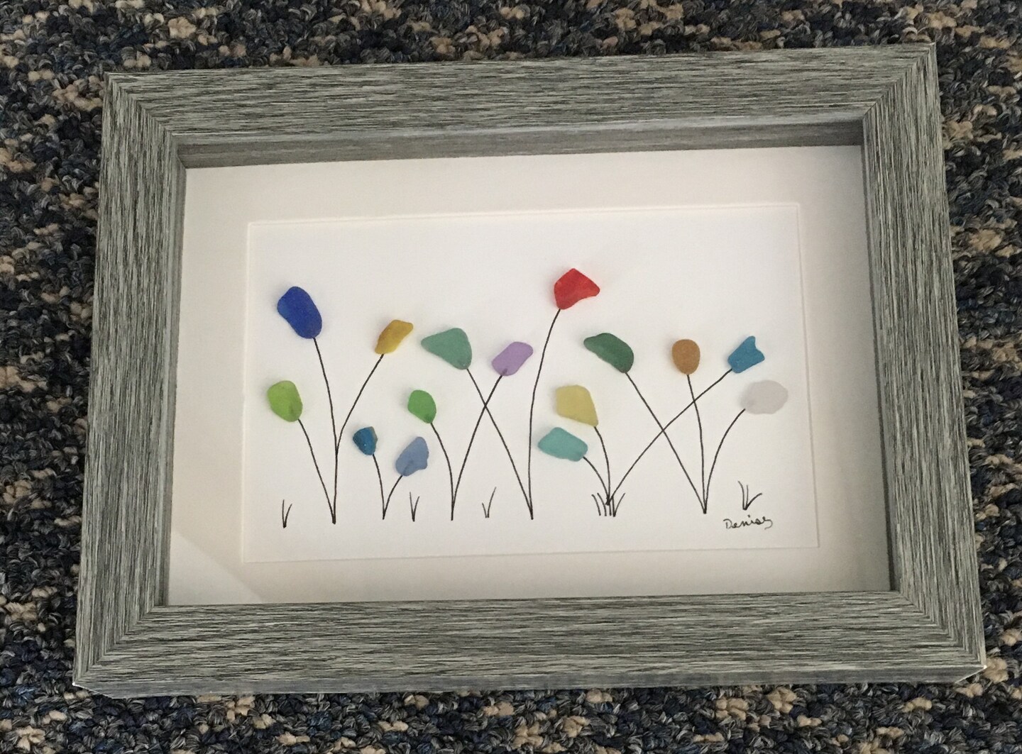 product name is SEAGLASS FLOWER ART M61, Kaleidoscope, Grey Shadowbox Frame, Authentic Seaglass, Seaglass Seagirl