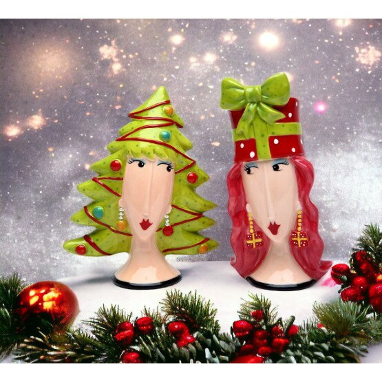 kevinsgiftshoppe Ceramic Lady Wigs Christmas Tree And Gift Salt and Pepper Shakers   Gift for Coworker Kitchen Decor
