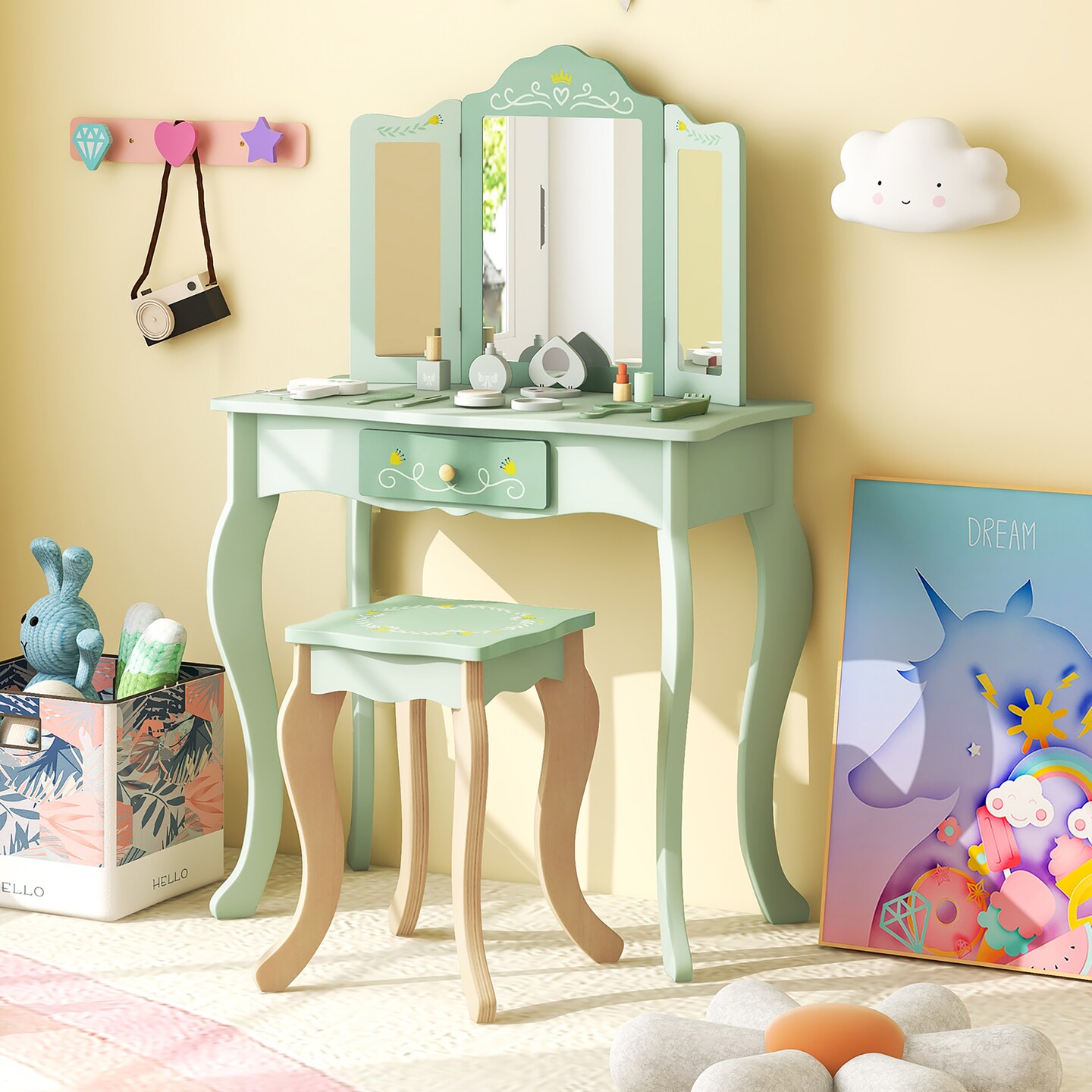 Gymax Kids Vanity Set Makeup Table and Chair Trifolding Mirror Sweet